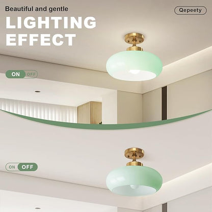 Mid Century Modern Ceiling Lamp 1-Light Gold Ceiling Light Classic Green Glass Shade Vintage Design Glass Flush Mount Lights for Hallway Living Room Kitchen (Mint Green)