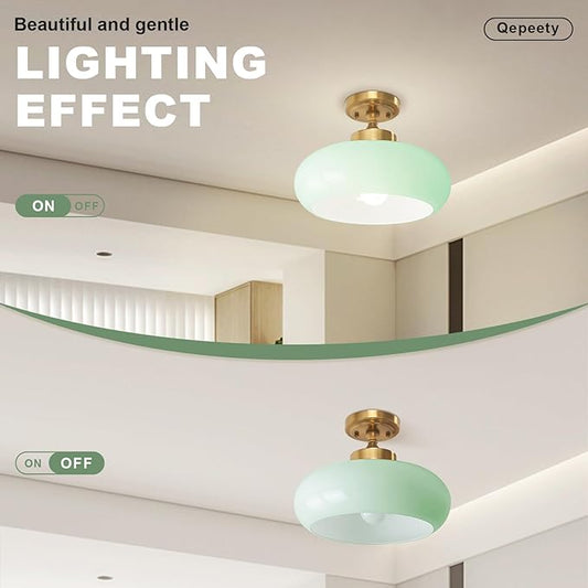 Mid Century Modern Ceiling Lamp 1-Light Gold Ceiling Light Classic Green Glass Shade Vintage Design Glass Flush Mount Lights for Hallway Living Room Kitchen (Mint Green)