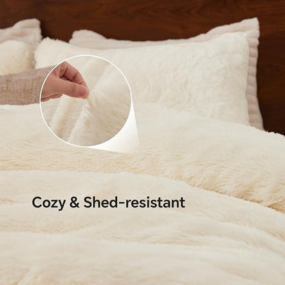 BEDELITE White Fluffy Comforter Set Queen Size, Fuzzy Faux Fur Comforter Bedding Set, 3Pieces Soft Warm Shaggy Bed Set (1 Comforter & 2 Pillowcases) as Gifts for Women