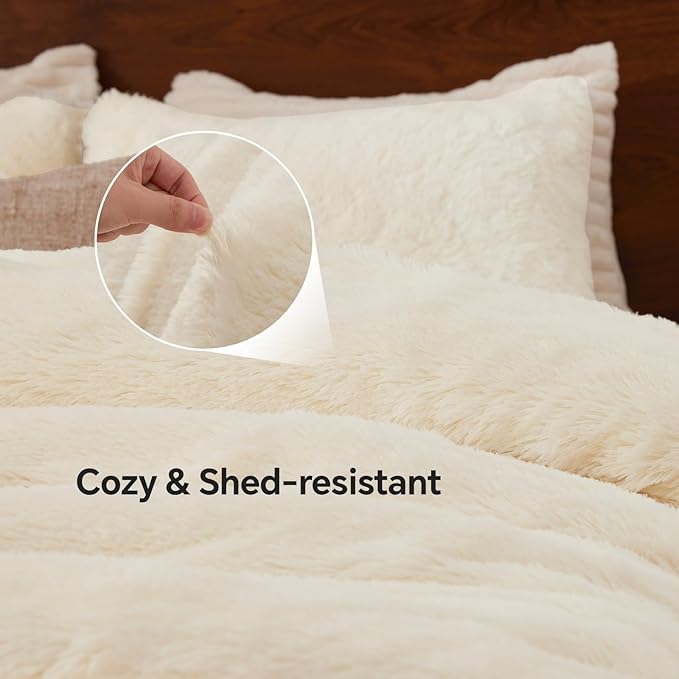 BEDELITE White Fluffy Comforter Set King Size, Fuzzy Faux Fur Comforter Bedding Set, 3Pieces Soft Warm Shaggy Bed Set (1 Comforter & 2 Pillowcases) as Gifts for Women