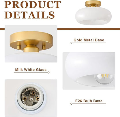 Mid-Century Modern Gold Semi Flush Mount Ceiling Light, Kitchen Ceiling Light Fixture with Glass Shade, Vintage White Close to Ceiling Lamp for Entryway Hallway Bathroom (11.0 Inch)