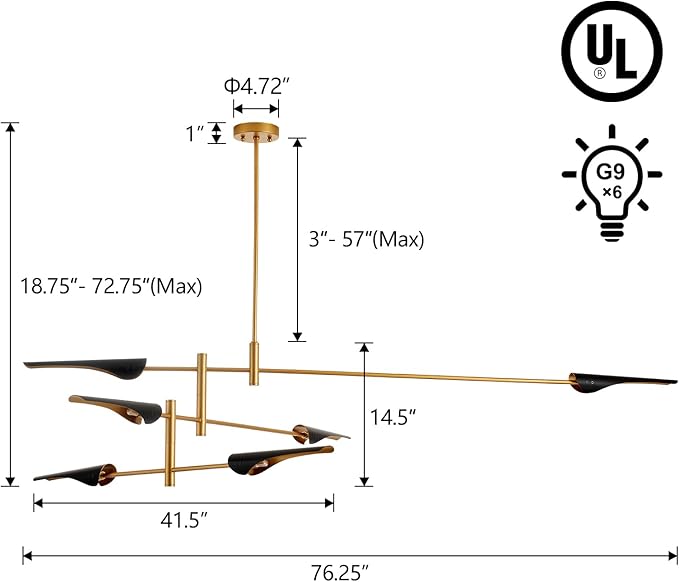 76” Industrial Pendant Light 6-Lights Adjustable Farmhouse Chandelier Modern Pendant Lighting Fixtures for Dining Room Living Room Kitchen Island Bedroom, UL Listed