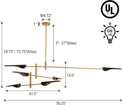 76” Industrial Pendant Light 6-Lights Adjustable Farmhouse Chandelier Modern Pendant Lighting Fixtures for Dining Room Living Room Kitchen Island Bedroom, UL Listed