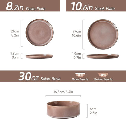 MONITO 12PCS Stoneware Plates and Bowls Set, Ceramic Dinnerware Sets, Service for 4, Chip and Scratch Resistant Dish Set, Microwave and Dishwasher Safe, Housewarming Party Holiday Gift, Vintage Brown