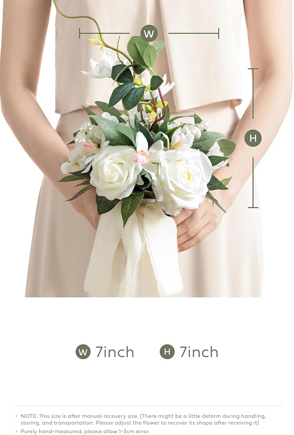 Ling's moment Artificial Flowers White Bridesmaid Bouquet, White & Sage Wedding Flowers Bouquets for Bridesmaids, 7 Inch Bridal Bouquets for Bridesmaids, Wedding, Ceremony, Anniversary, etc