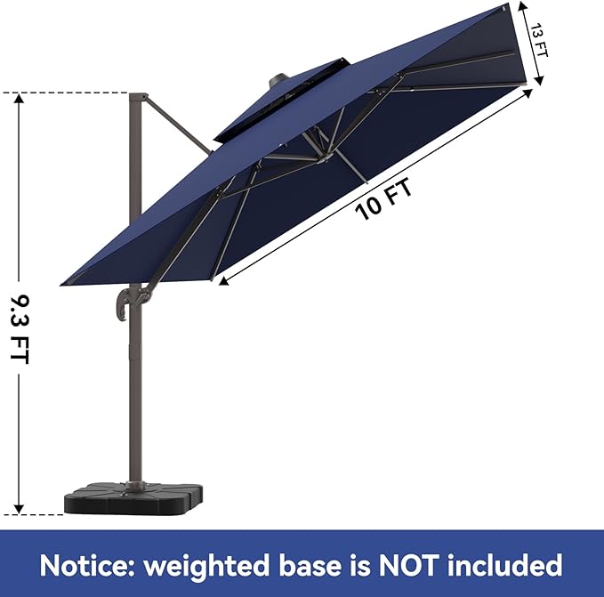 10x13FT Cantilever Outdoor Patio Umbrellas, Double Top Large Rectangle Umbrella, Heavy Duty 360° Rotation Offset Outdoor Sun Shade Umbrella for Garden Deck Pool Backyard, Navy Blue