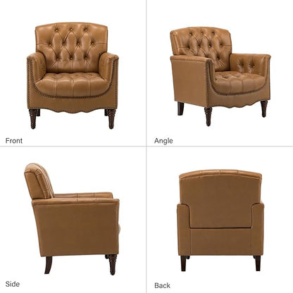 HULALA HOME Mid Century Modern Leather Club Chairs, Top-Grain Genuine Leather Armchairs with Button-Tufted Back & Solid Wood Legs, Accent Chairs for Living Room/Bedroom/Home Office, Camel