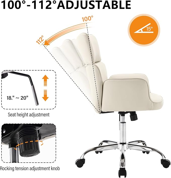 BV Adjustable Desk Chair with Wheels for Make Up, Faux Leather Rolling Armchair, 360° Swivel Comfy Task Chair for Home Office, Beige