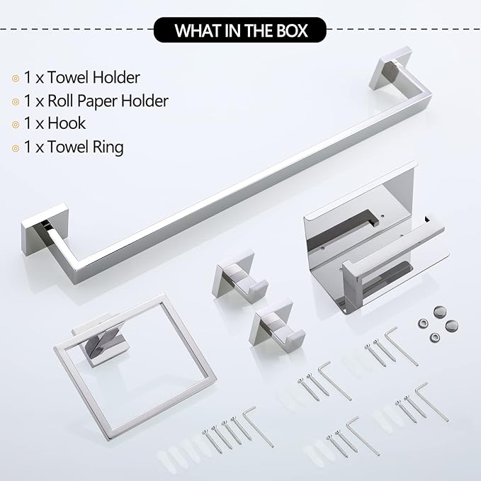 Bathroom Towel Bar Set Toilet Paper Holder with Shelf, Polished Chrome Bathroom Accessories Set, 23.6 Inch Towel Bar Towel Ring Towel Hook 5-Piece Bathroom Hardware Set