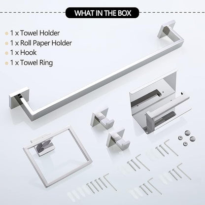 Bathroom Towel Bar Set Toilet Paper Holder with Shelf, Polished Chrome Bathroom Accessories Set, 23.6 Inch Towel Bar Towel Ring Towel Hook 5-Piece Bathroom Hardware Set