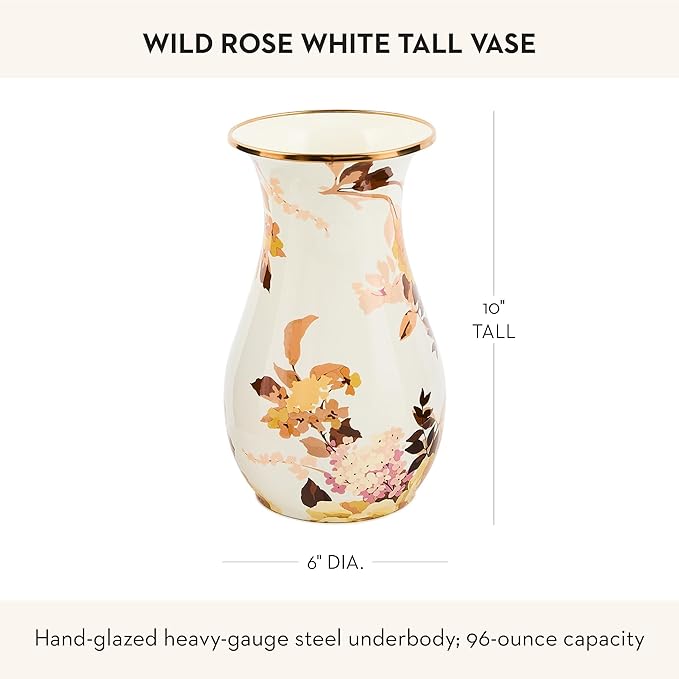 MACKENZIE-CHILDS Tall Enamel Vase, Unique Flower-Vase Decor for Living Room, Wild Rose White