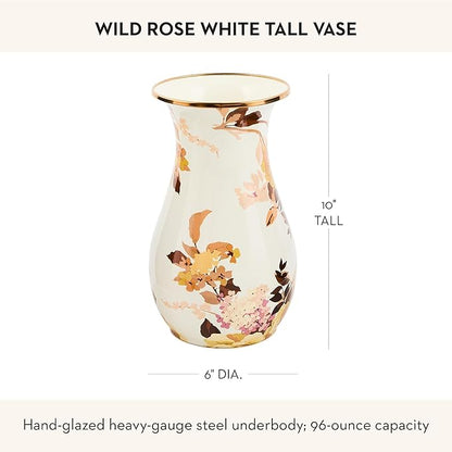 MACKENZIE-CHILDS Tall Enamel Vase, Unique Flower-Vase Decor for Living Room, Wild Rose White