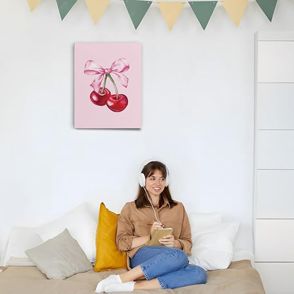 APJYM Coquette Pink Bow Cherry Preppy Wall Art, Room Decor Aesthetic, Posters for Teen Girls Bedroom, 11x14 Inches Framed