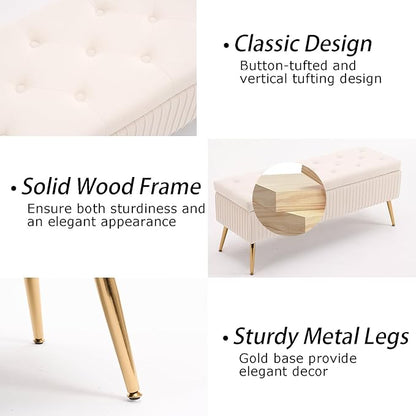 Velvet Storage Bench for Bedroom, Upholstered End of Bed Bench Modern Tufted Ottoman with Gold Legs for Living Room/Window/Entryway(Ivory White, Rectangle-45.5" W)