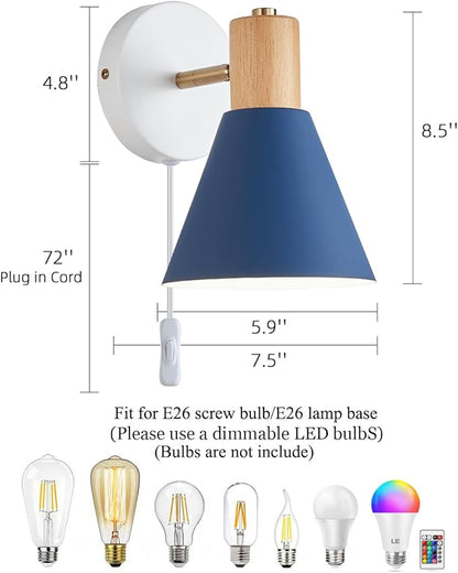 Plug in Wall Sconces Lighting Fixture Pack of 2, Wooden Adjustable Bedside Wall Lamp for Industrial Bedroom, Bathroom Sink Lighting (Plug-in Blue, 2)