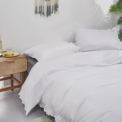 Pureant White Ruffle Comforter Set Twin Boho White Lace Bedding Comforter Vintage Farmhouse Comforter Women Girls Solid White Shabby Chic Bed Quilts Plain White Lightweight Fluffy Ruffled Fringe Bed