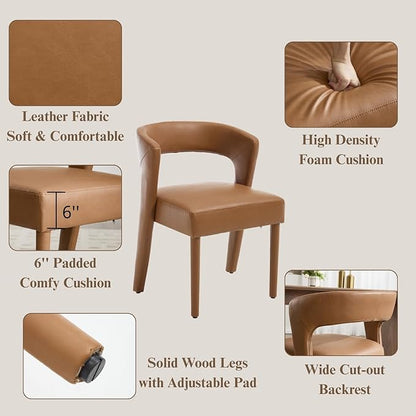 DUOMAY Modern Dining Chairs Set of 2, Leather Fabric Upholstered Kitchen Chairs with Curved Open Back Accent Side Chairs Dining Room Chairs with Wood Legs, Brown