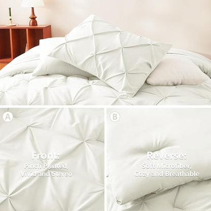 CozyLux Full Size Comforter Sets Ivory, 7 Pieces Pintuck Bed in A Bag Ivory Comforter Full Size, Pinch Pleat Bedding Sets with All Season Comforter, Sheets, Pillowcases & Shams