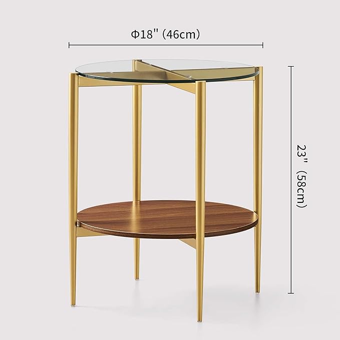 Round Glass End Table, Mid-Century Modern Design Sofa Table for Living Room, D18 x H23, 2-Tier Structure, Clear Glass Top and Walnut Shelf, Sleek Conical Legs with Gold Finish Frame