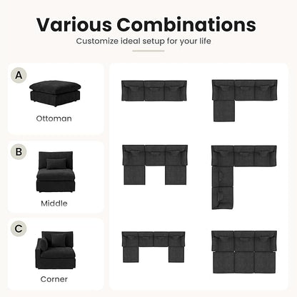 Cloud Couch Modular Sectional Sofa,82.68" L Shaped Couch,Down Filled Convertible Wide Seater, 2 Seater+Ottoman for Living Room Set,Covers Washable&Replaceable,Black