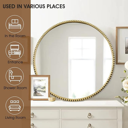 Round Bathroom Wall Mirror, 28"x28" Antique Gold Metal Beaded Frame Vanity Mirror, Wall Mounted Large Circle Makeup Mirror for Bedroom, Living Room, Entryway
