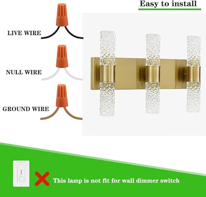 Gold Bathroom Light Fixture, Modern Gold Vanity Light for Bathroom, Crystal 6 Light Bathroom Light Fixtures Over Mirror, 27w LED Bathroom Wall Sconce 3000K Warm White
