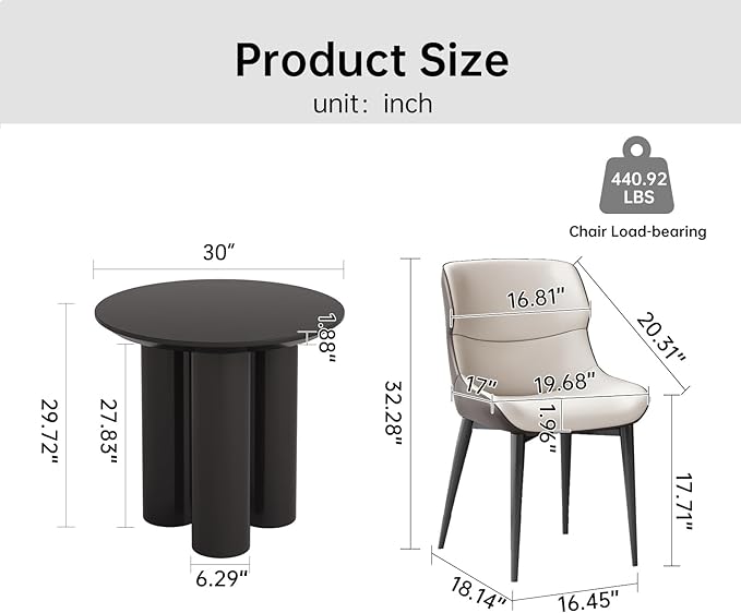 30in Black Round Dining Table with 2 Chairs, Coffee Table Set for 1-4 People, Leisure Side Table for Balcony Table for Lunch Time,Small Desk