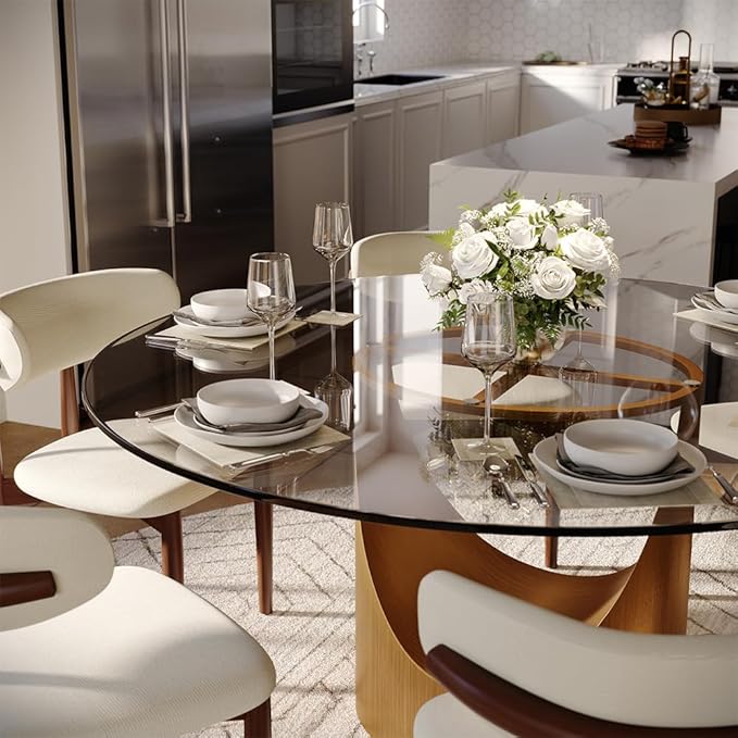 POVISON Round Dining Table for 6, 59" Glass Tabletop Dining Table with Bronze Carbon Steel Pedestal, Modern Dining Room Table for Kitchen, Living Room (Table Only)