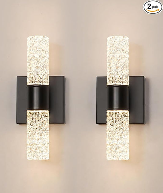 Black Sconces Wall Decor Set of 2, Crystal Bathroom Vanity Light Fixture, Modern Hardwired Wall Sconce Light Over Mirror, LED Sconces Wired for Bedroom Hallway Stairwells