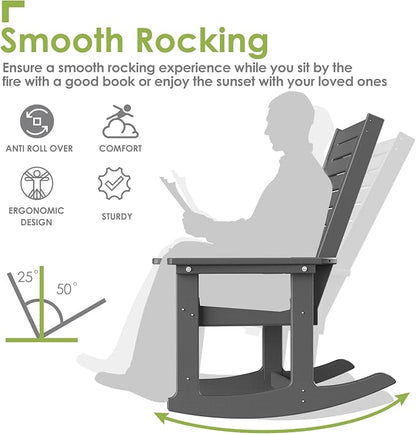 GREENVINES Outdoor Rocking Chair Set | 3-Piece | 2 Rocking Chairs with 1 Side Table | Porch Rocker | HDPE Plastic | Grey | Patio Furniture Sets | High Back | Big & Tall | Ladder Back