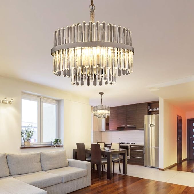 Q&S Modern Crystal Chandeliers for Dining Room,Round Glass Chandelier 4-Lights for Living Room Kitchen Island Entryway Foyer Stairway UL Listed