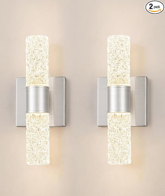 Brushed Nickel Wall Sconces Set of 2, LED Bathroom Vanity Light Fixtures, Hardwired Crystal Sconces Wall Lighting Over Mirror, LED Wall Mount Lights for Bedroom Hallway Indoor, 10W 3000K