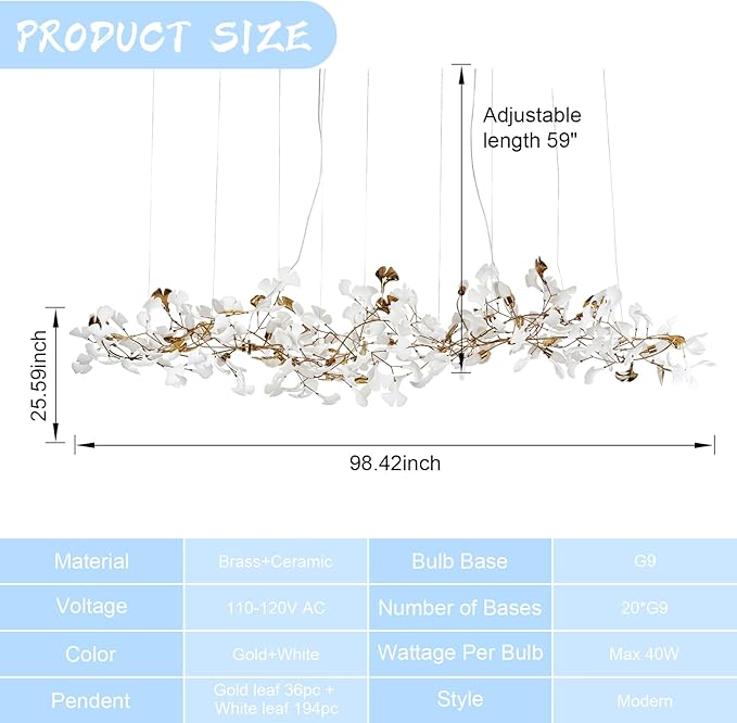 L98.42 Large Modern Chandelier for Entryway, 20-Light Gold Tree Branch Chandeliers, Luxury Ceramic Ginkgo Ceiling Light Fixtures, Hanging Brass Chandelier for Dining Room, Living Room