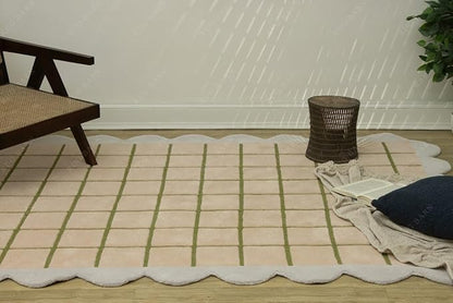Scalloped Border Wool Area Rug with Windowpane Grid, Hand-Tufted, Beige-Blush with Sage Lines & Light Purple Edge - Soft High-Low Pile for Living Room, Bedroom, Nursery - 4x6 Ft