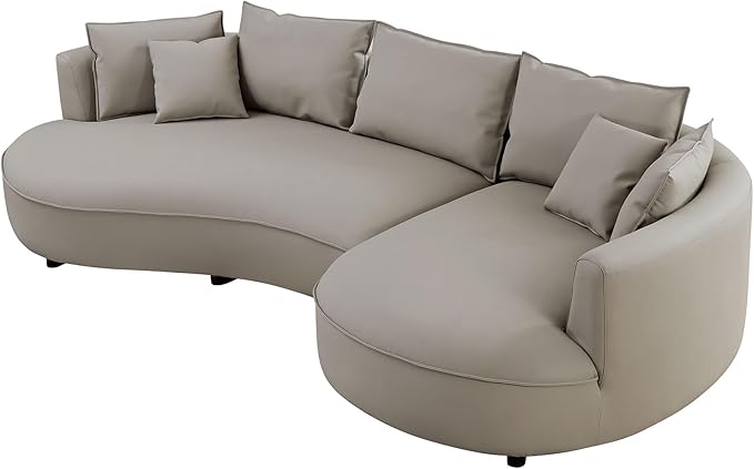 WILLIAMSPACE 124.8" Leather Curved Sofa Couch, Modern Upholstery Luxury Sofa with Pillows, Left Hand Facing Sectional Couch for Living Room (Right-Facing,Light Grey Leather)