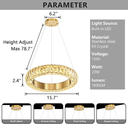 16" Ring Modern LED Dimmable Crystal Chandelier Adjustable Height Pendant Light Round Crystal Chandelier Light Fixtures for Dining Room Living Room Kitchen Island Gold