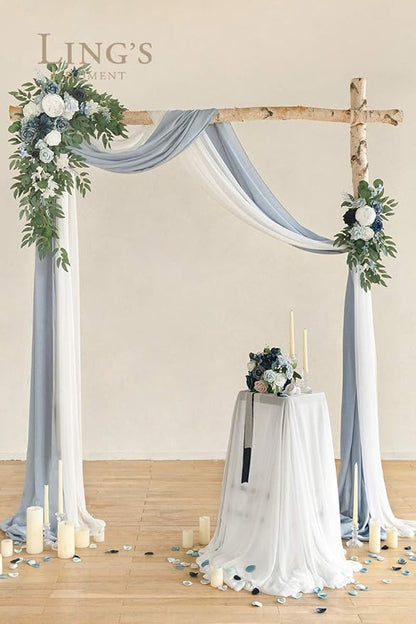 Ling's Moment Dusty Blue Artificial Wedding Arch Flowers Kit Pack of 4, 2pcs Hanging Flower Arrangement 2pcs Chiffon Drape Ceremony Spring Fake Silk Rose Arbor Backdrop Floral Swag Outdoor Beach Decor