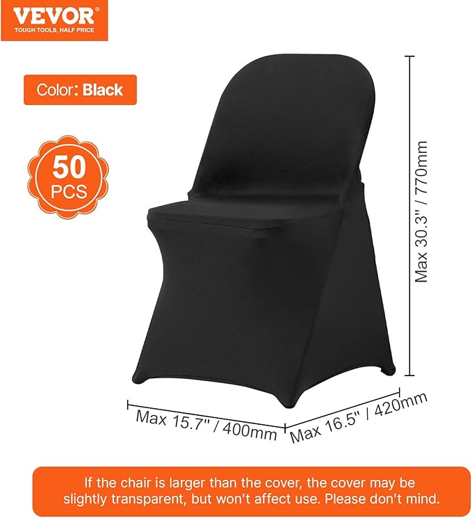 VEVOR Stretch Spandex Folding Chair Covers, Universal Fitted Chair Cover, Removable Washable Protective Slipcovers, for Wedding, Holiday, Banquet, Party, Celebration, Dining (50PCS Black)