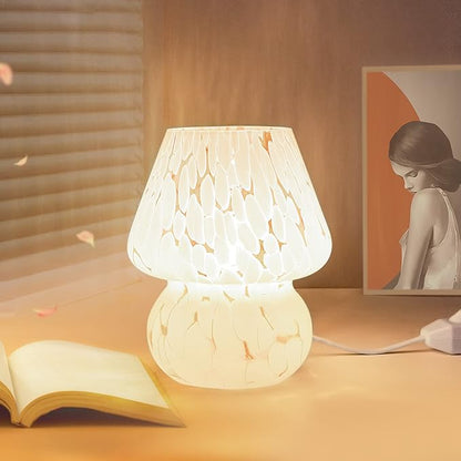 ONEWISH Cute Mushroom Lamp Small Table Lamp Set of 2 Stepless Dimmable, Translucent Glass White Nightstand Lamp for Bedroom Dorm Kids Room Living Kitchen, Murano Aesthetic Home Decor