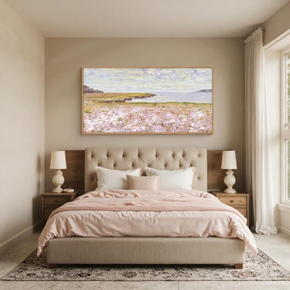 HOURIA Pink Wildflower Coastal Landscape Framed Canvas Wall Art Set,Green Meadow Field Wall Decor,Watercolor Beach Wall Painting,Modern Seaside Wall Decor for Living Room, Bedroom, Farmhouse-20"x40"x1
