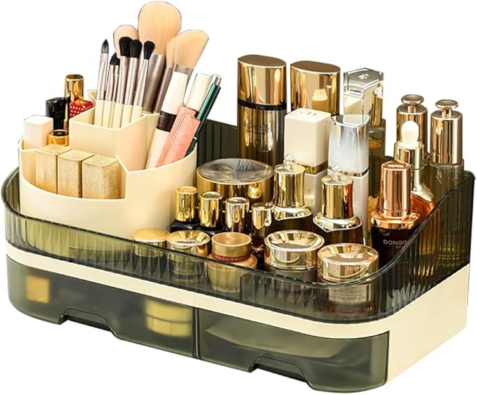 Large Plastic Makeup Organizer with Rotating Brush Holder for Vanity - Bathroom Countertop Skin Care Storage, Easy for Lipsticks, Nail Polishes, Perfumes & Eyeshadow Palettes
