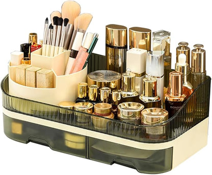 Large Plastic Makeup Organizer with Rotating Brush Holder for Vanity - Bathroom Countertop Skin Care Storage, Easy for Lipsticks, Nail Polishes, Perfumes & Eyeshadow Palettes