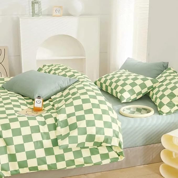 CLOTHKNOW Green White Plaid Comforter Sets California King 3Pcs Grid Bedding Comforter Sets Checker Comforter with 2 x Pillow Cases