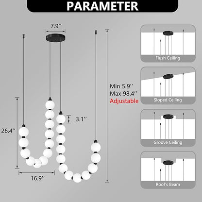 Modern Chandeliers LED Dimmable Light Acrylic Balls Ceiling Pendant Lighting for Dining Room Living Room Bedroom Adjustable Hanging Lights 45 Watts Black Lamp