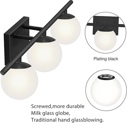 New Bathroom Vanity Light Fixtures 3 Lights Brushed Black Milk White Globe Glass Shade Modern Wall Bar Sconce Over Mirror (Exclude G9 Bulb)