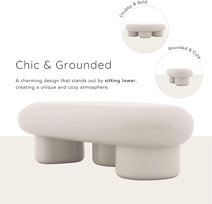 24/7 Shop at Home Kavren Modern 37-inch 2-Piece Oval Glossy Low Profile Coffee Table Set, Stone Shape Living Room Furniture for Small Space, Ivory