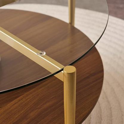 Round Coffee Table, Mid-Century Modern Design, D30“ x H17”, for Living Room, 2-Tier Structure, Clear Glass Top and Walnut MDF Shelf, Sleek Conical Metal Legs with Gold Finish