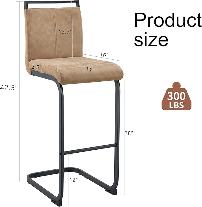 Bar Stools Set of 4, 30" H Counter Height Bar Stools with Footrest, Brown Faux Leather and Black Painted Metal Leg, Ideal for Kitchen Island and Pub Counter Dining Chair