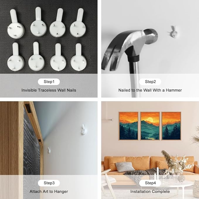 HOURIA Large Sunrise Mountain Forest Landscape Framed Canvas Wall Art Set,Orange Sky Green Ridge Wall Decor,Nature Pine Tree Artwork,Boho Watercolor Art Print for Living Room, Bedroom- 16"x24"x3