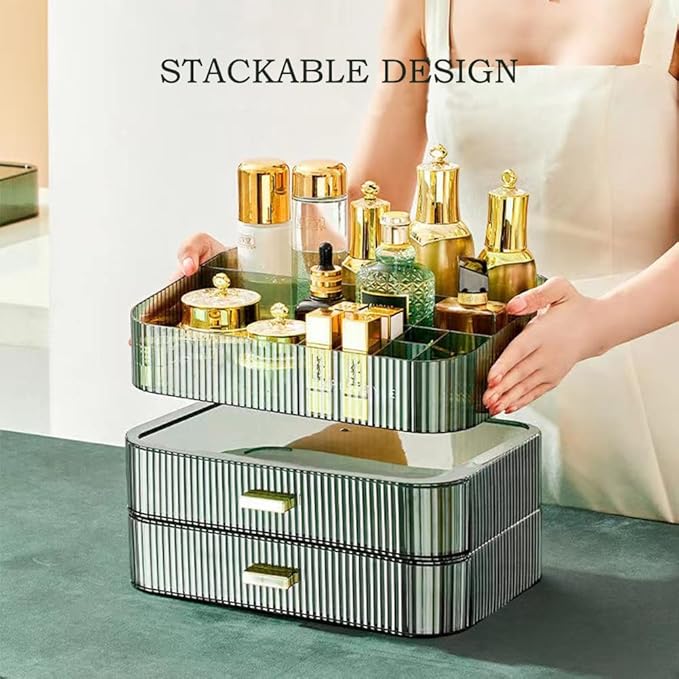 MIUOPUR Stackable Makeup Organizer Drawers, Bathroom Vanity Organizers and Storage, Ideal for Desk and Dresser Countertops, Great for Cosmetics, skincare, Lipsticks, Nail Care -Green